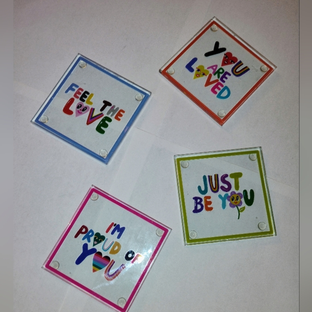 COLORFUL MESSAGE GLASS COASTERS (set of 4)